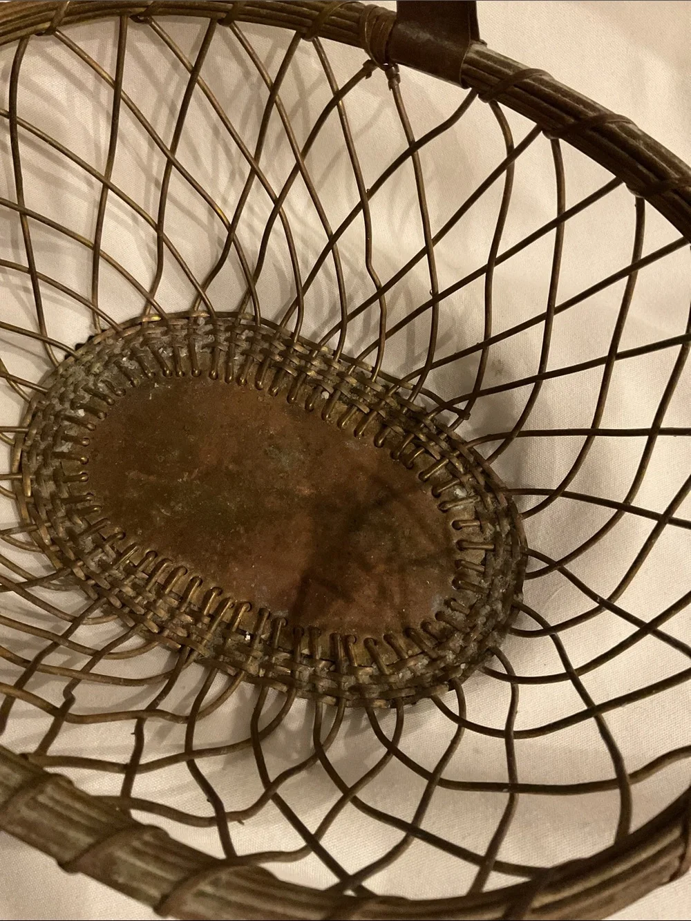 Heavy Metal Woven Basket Swing Handle Gold Metal  Rustic Farmhouse 11” VTG 1940